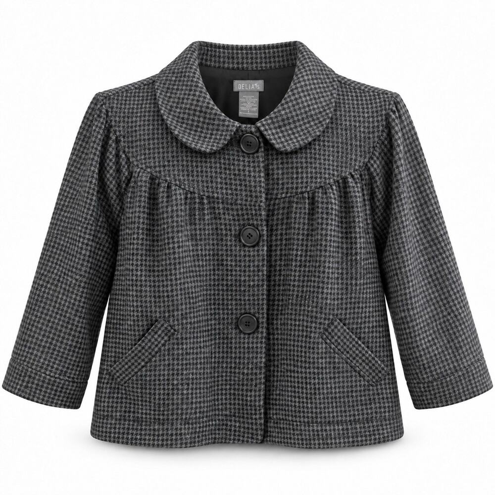 dELiA*S Houndstooth Cropped Swing Jacket Peter Pan Collar Womens Large